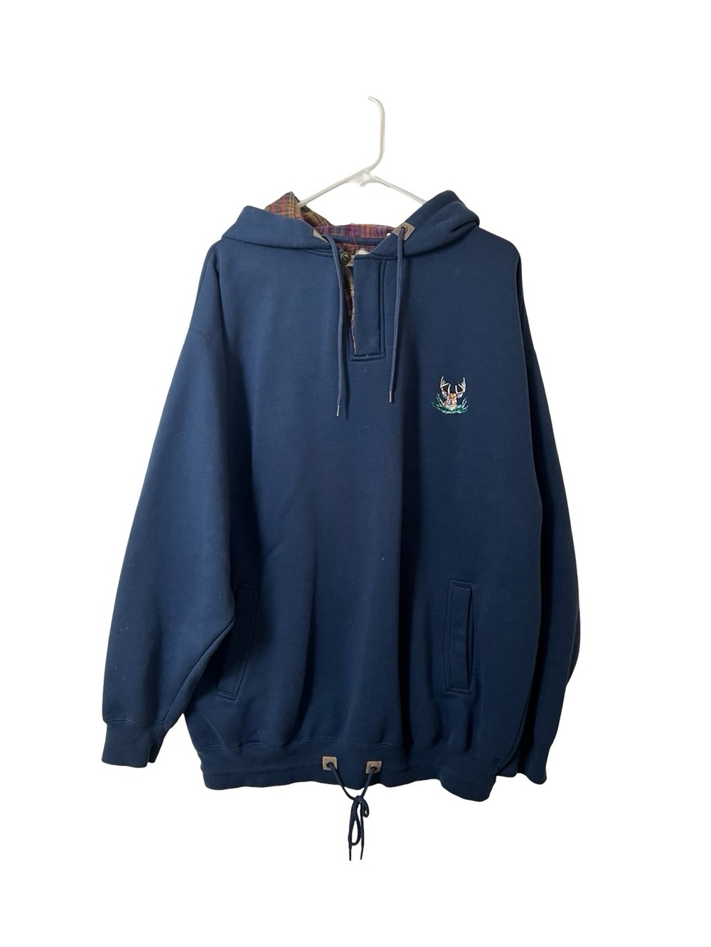 Vintage Habitat Wilderness Deer Embroidered Hoodie Pullover Navy Plaid Lined